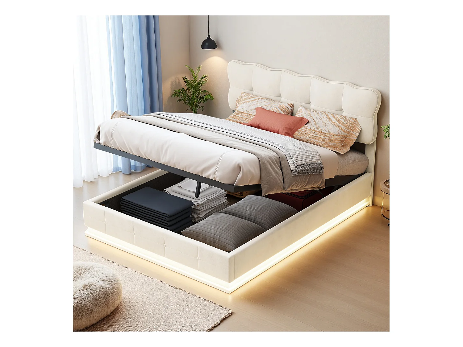 Lit coffre 140x190 cm avec sommier à lattes - lit adulte 140x190 cm avec LED - cadre de lit 140x190 cm - tissu en velours - beige