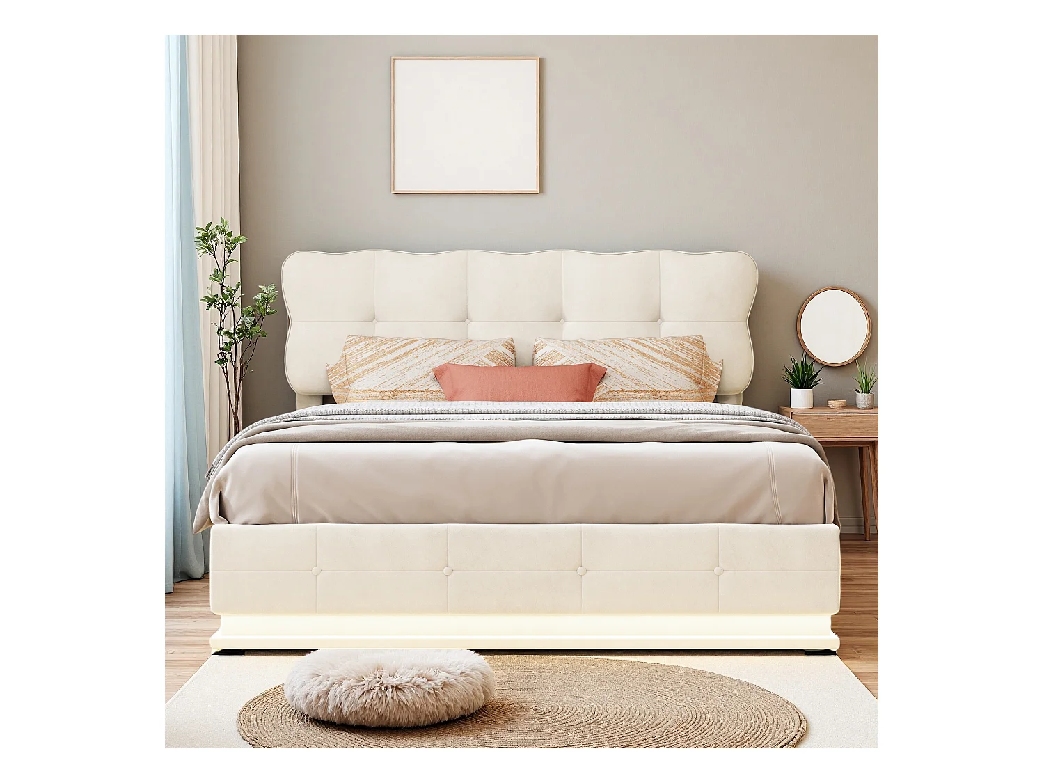 Lit coffre 140x190 cm avec sommier à lattes - lit adulte 140x190 cm avec LED - cadre de lit 140x190 cm - tissu en velours - beige