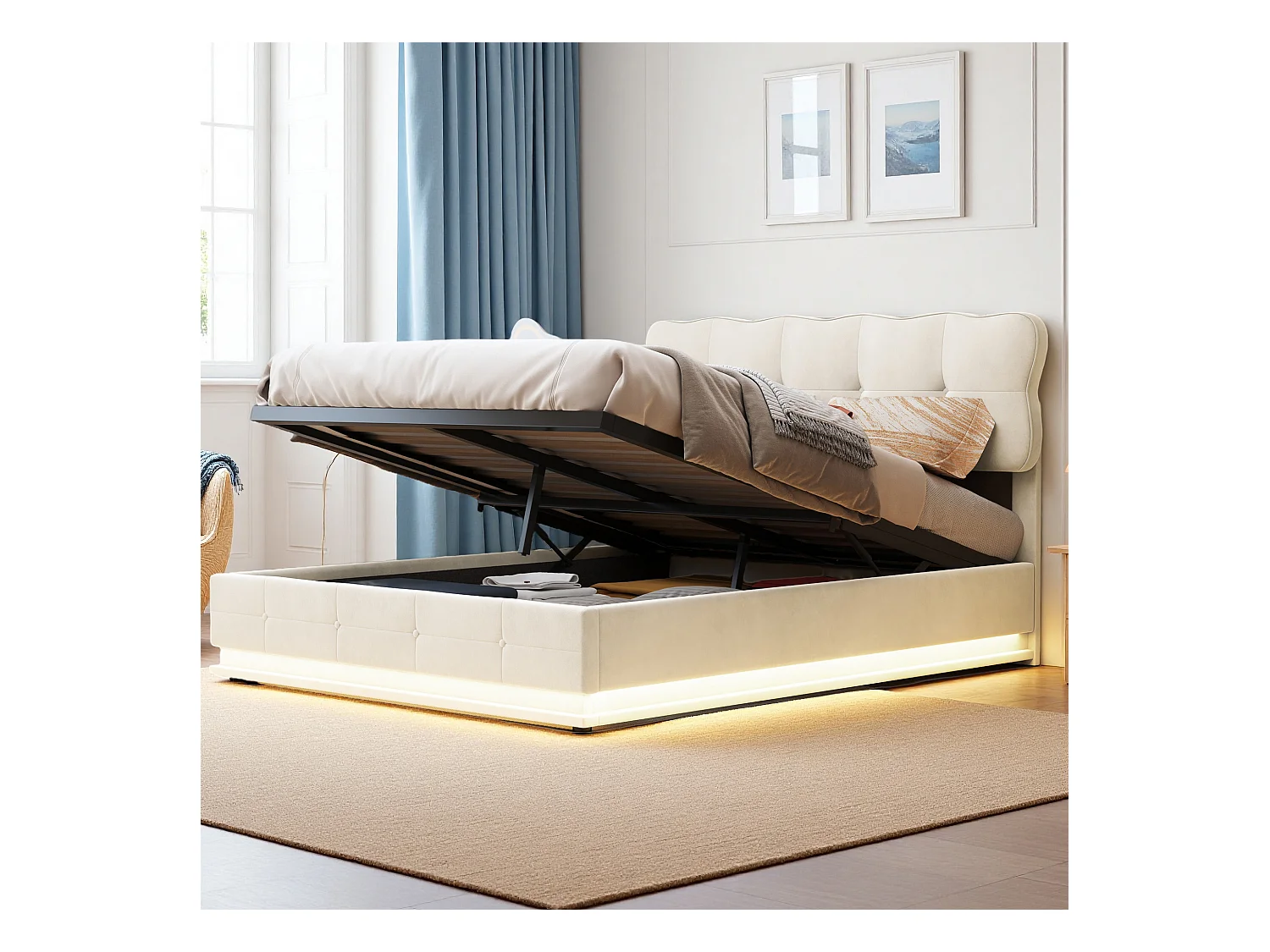 Lit coffre 140x190 cm avec sommier à lattes - lit adulte 140x190 cm avec LED - cadre de lit 140x190 cm - tissu en velours - beige