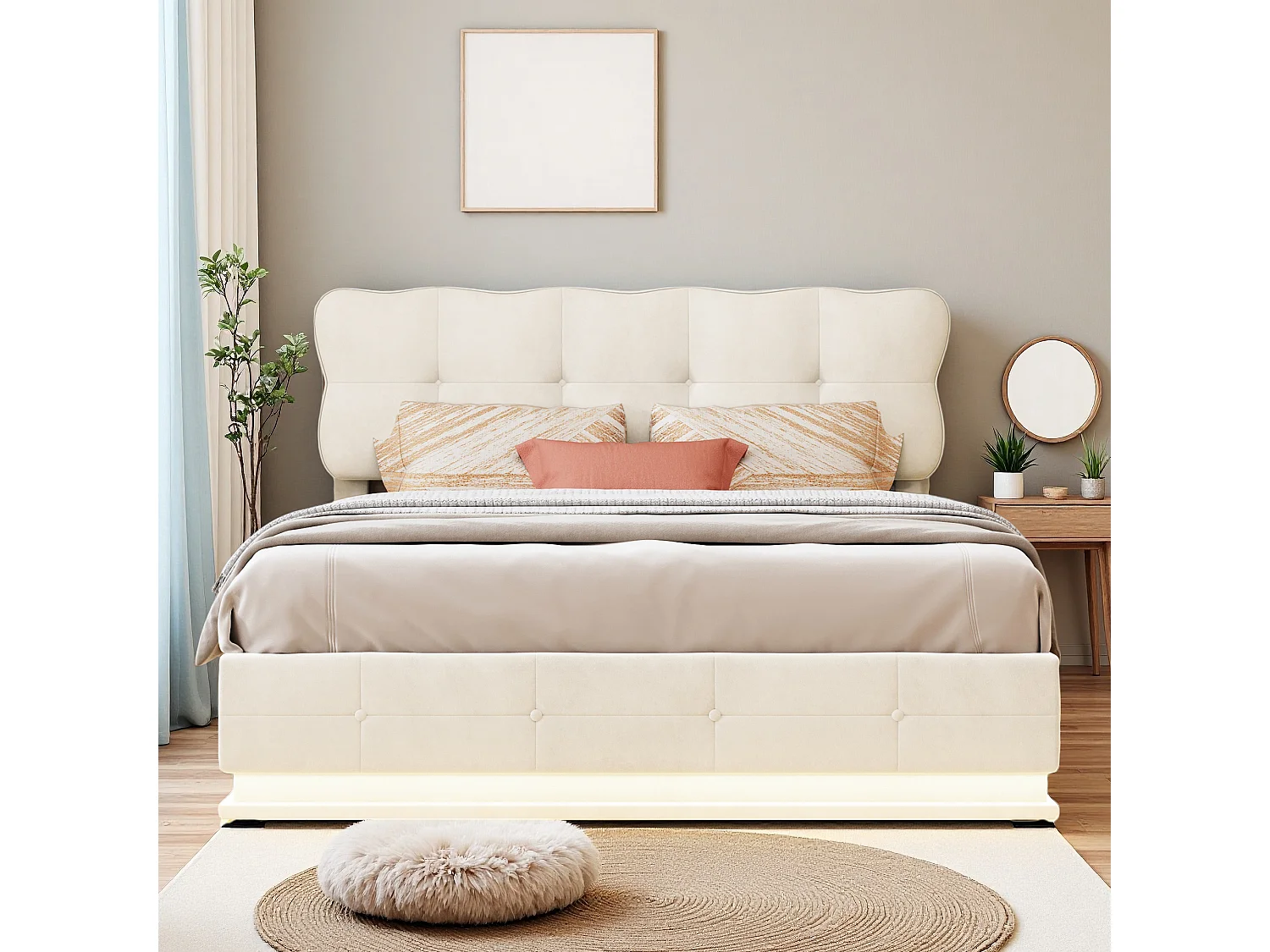 Lit coffre 140x190 cm avec sommier à lattes et LED, lit adulte en velours beige