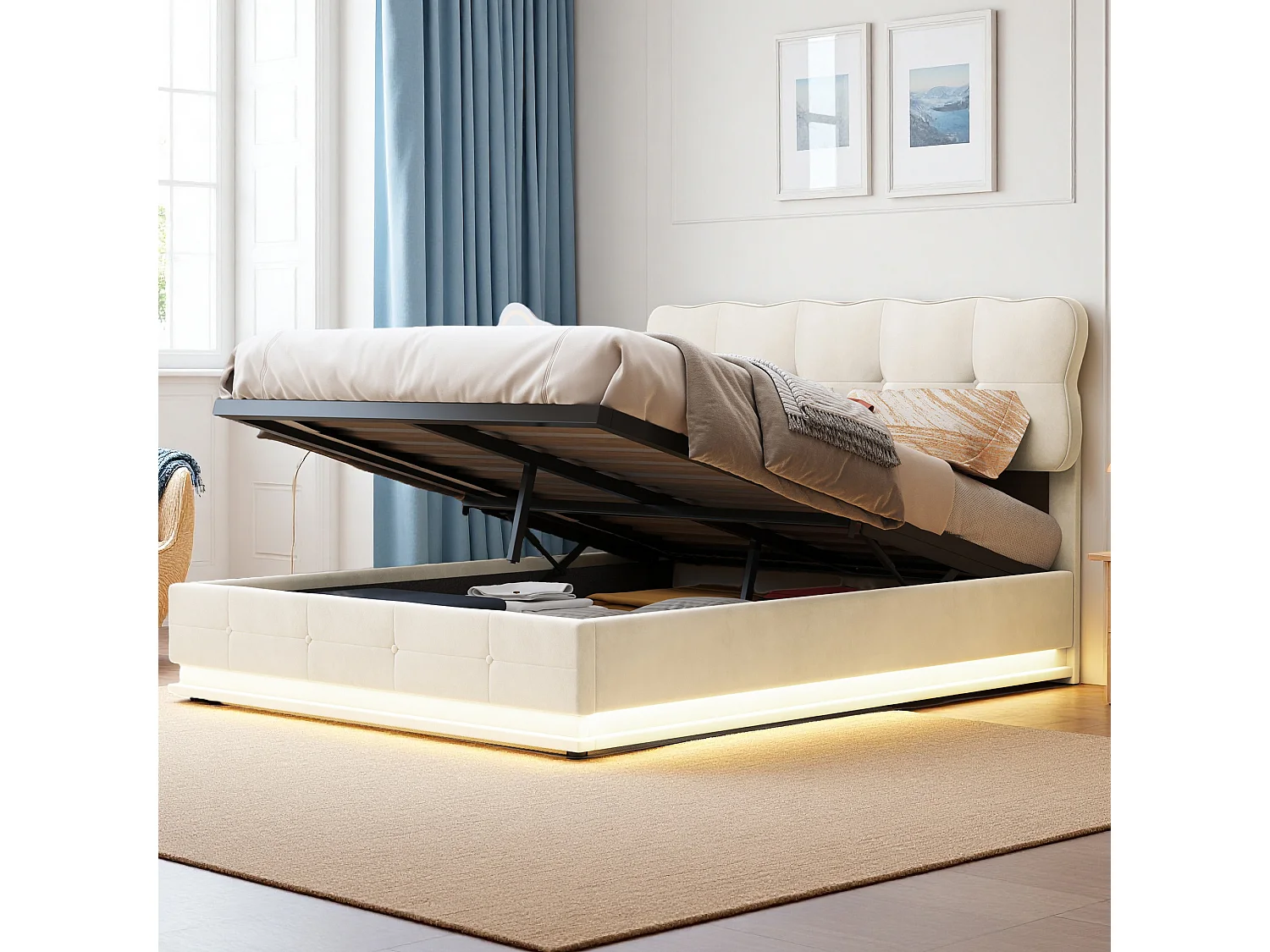 Lit coffre 140x190 cm avec sommier à lattes et LED, lit adulte en velours beige