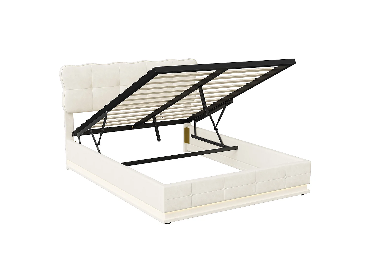 Lit coffre 140x190 cm avec sommier à lattes et LED, lit adulte en velours beige