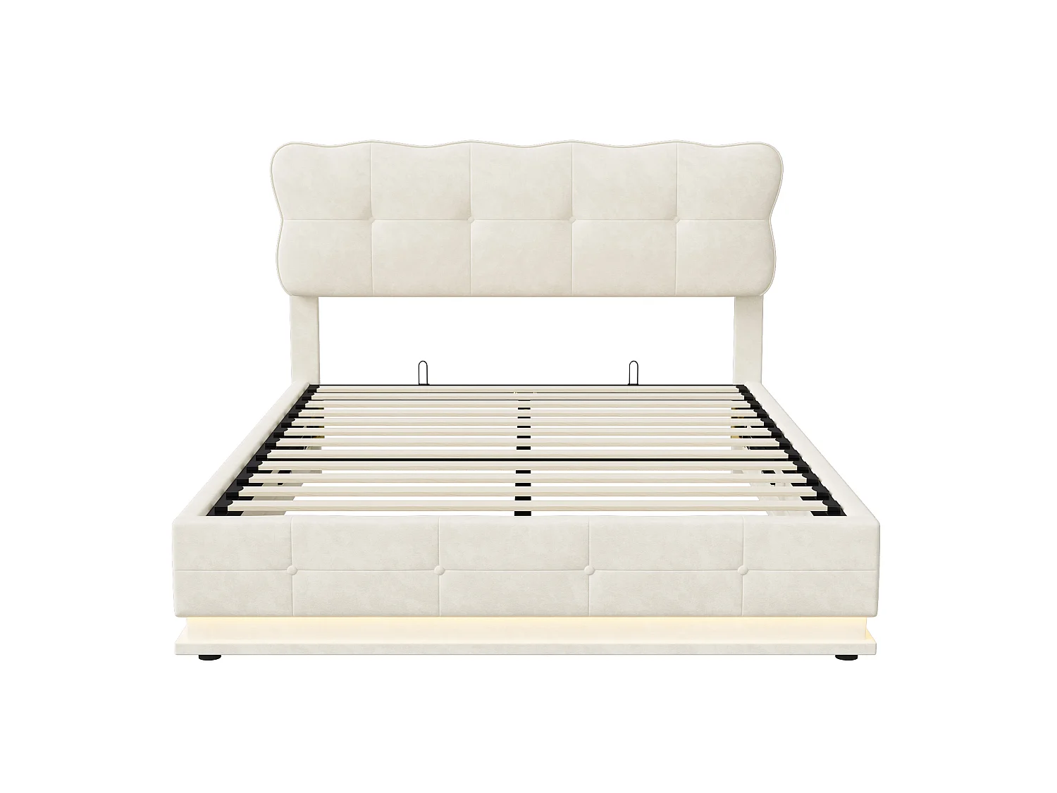 Lit coffre 140x190 cm avec sommier à lattes et LED, lit adulte en velours beige