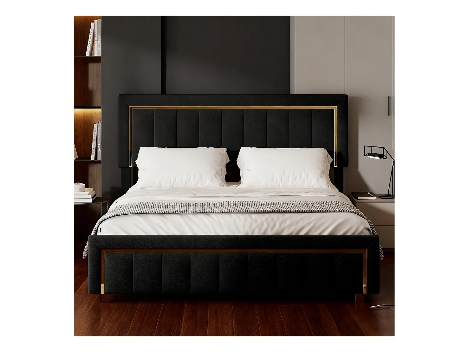 Lit lignes verticales 140x200 cm avec sommier à lattes, lit adulte 140x200 cm, Lit double 140x200 coffre rangement soldes, tissu en velours - noir