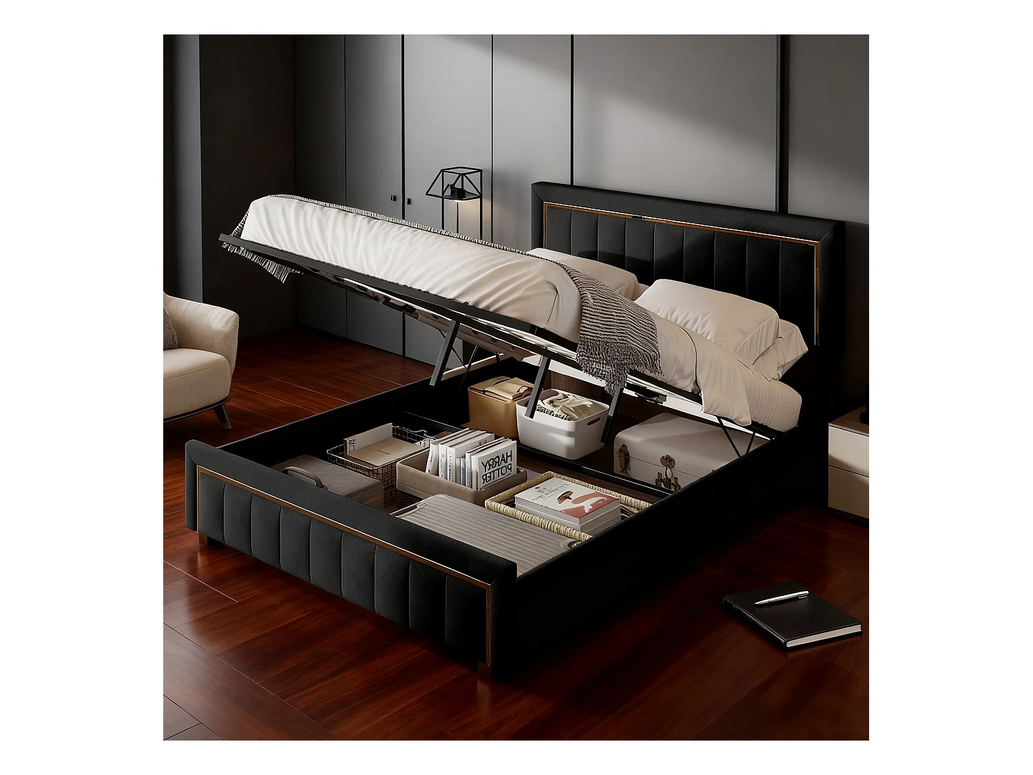 Lit lignes verticales 140x200 cm avec sommier à lattes, lit adulte 140x200 cm, Lit double 140x200 coffre rangement soldes, tissu en velours - noir