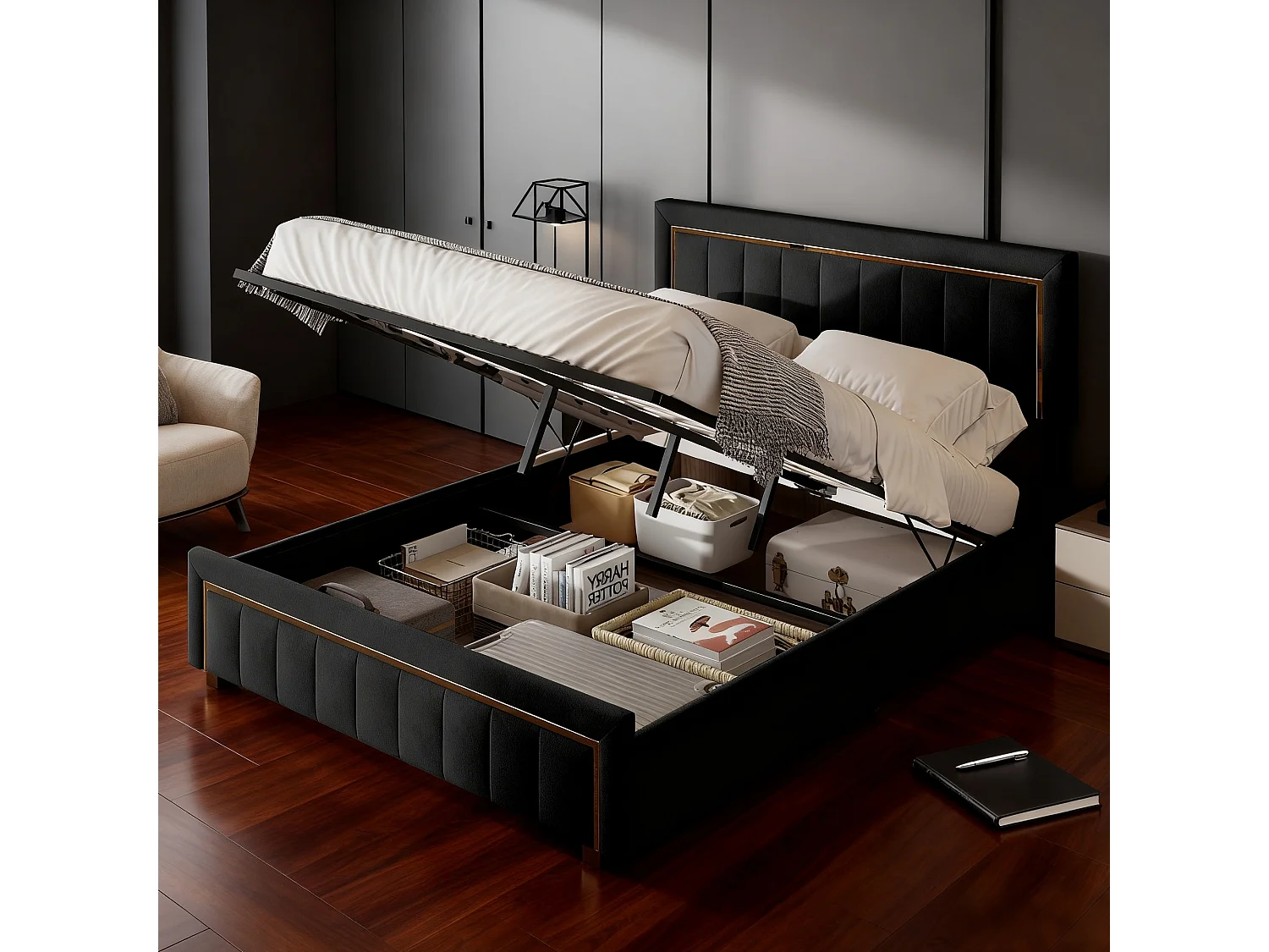 Lit lignes verticales 140x200 cm avec sommier à lattes, lit adulte 140x200 cm, Lit double 140x200 coffre rangement soldes, tissu en velours - noir