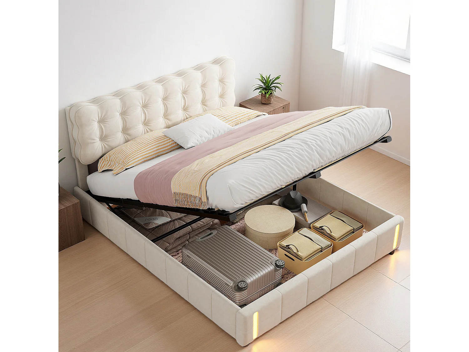 Lit coffre 160x200 cm avec sommier à lattes - lit adulte 160x200 cm - cadre de lit double 160x200 cm - Led - tissu en velours - beige