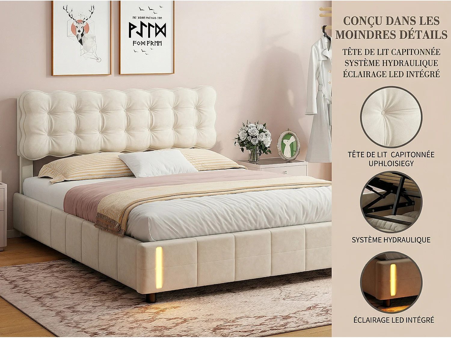Lit coffre 160x200 cm avec sommier à lattes et LED, lit double en velours beige