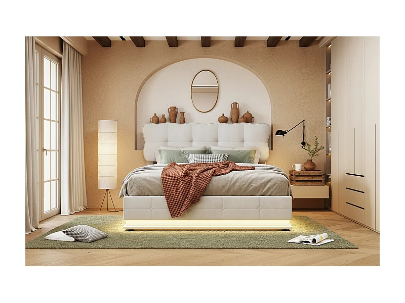 Lit coffre 160x200 avec sommier à lattes - lit double 160x200 avec LED - cadre de lit 160x200 cm - tissu en velours - crème