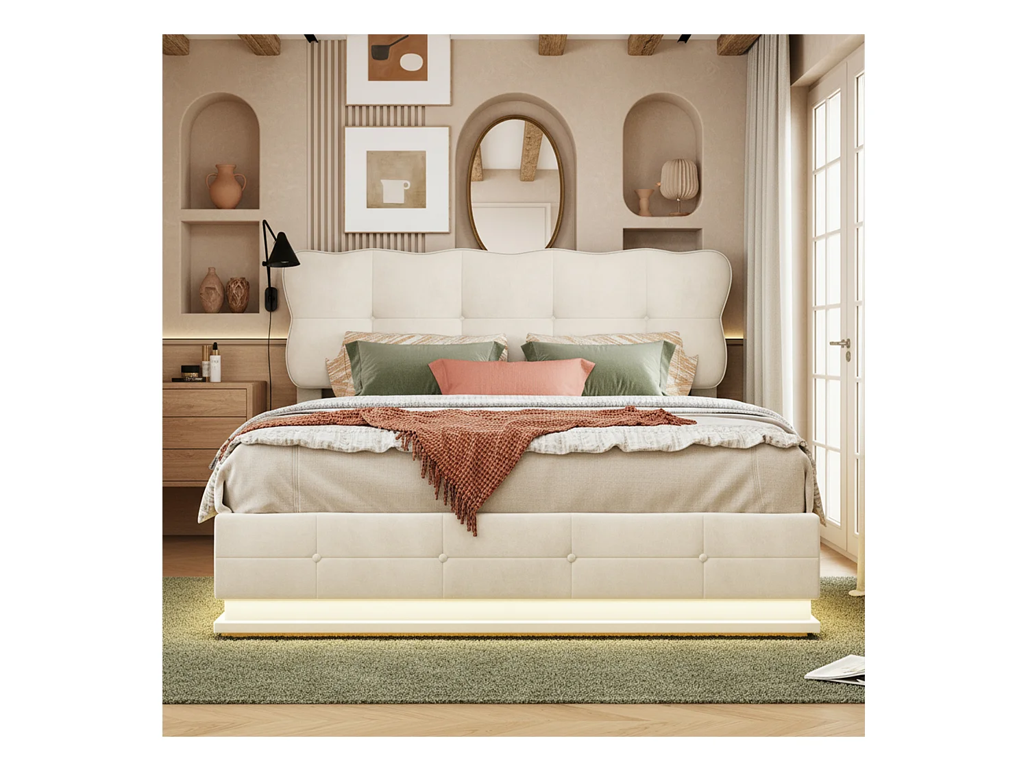 Lit coffre 160x200 avec sommier à lattes - lit double 160x200 avec LED - cadre de lit 160x200 cm - tissu en velours - crème