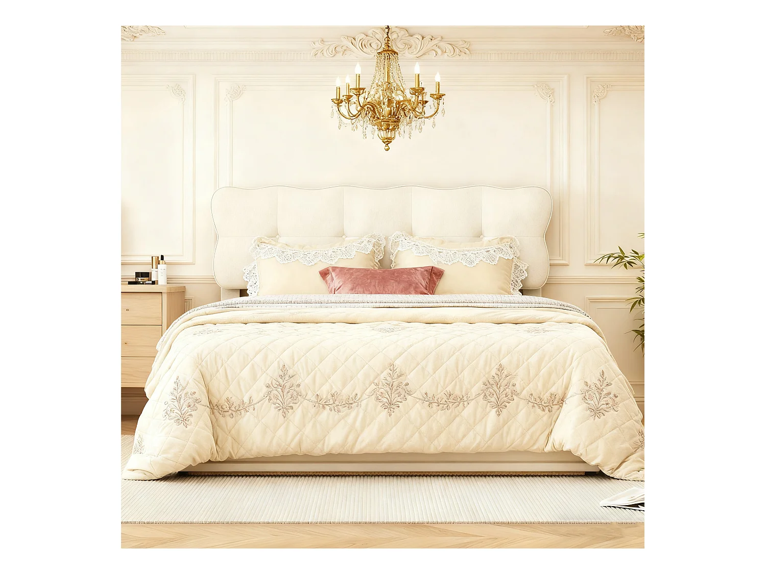 Lit coffre 160x200 avec sommier à lattes - lit double 160x200 avec LED - cadre de lit 160x200 cm - tissu en velours - crème