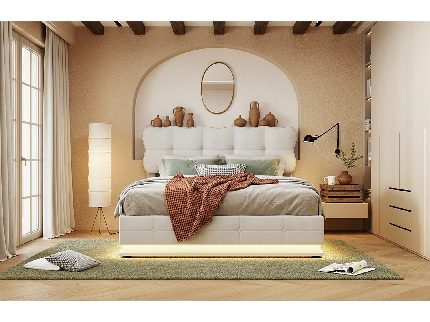 Lit coffre 160x200 avec sommier à lattes - lit double 160x200 avec LED - cadre de lit 160x200 cm - tissu en velours - crème