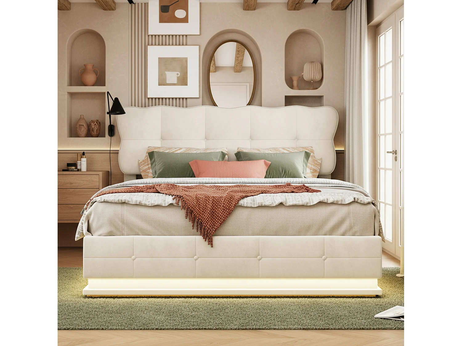 Lit coffre 160x200 avec sommier à lattes - lit double 160x200 avec LED - cadre de lit 160x200 cm - tissu en velours - crème