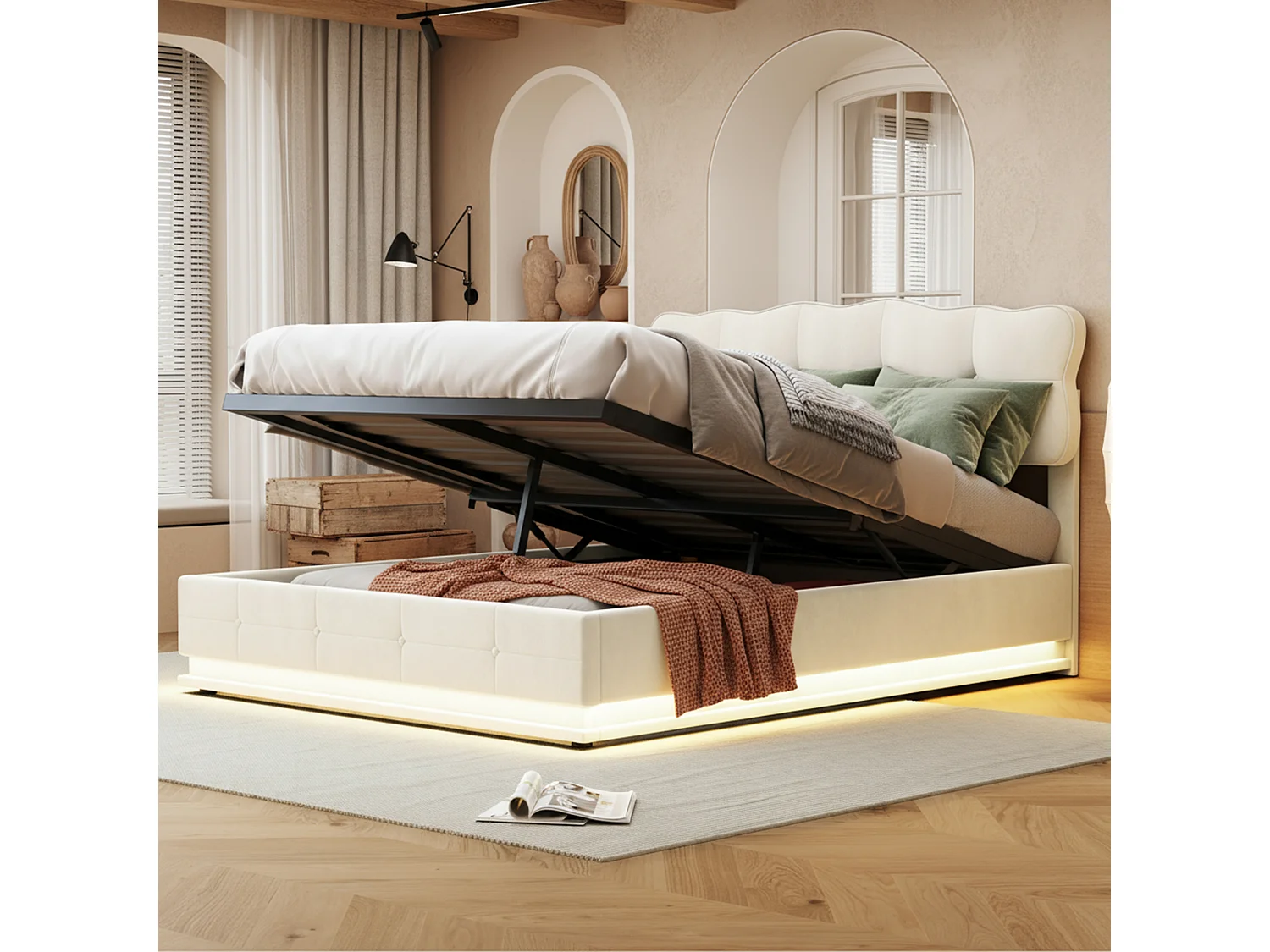 Lit coffre 160x200 avec sommier à lattes - lit double 160x200 avec LED - cadre de lit 160x200 cm - tissu en velours - crème