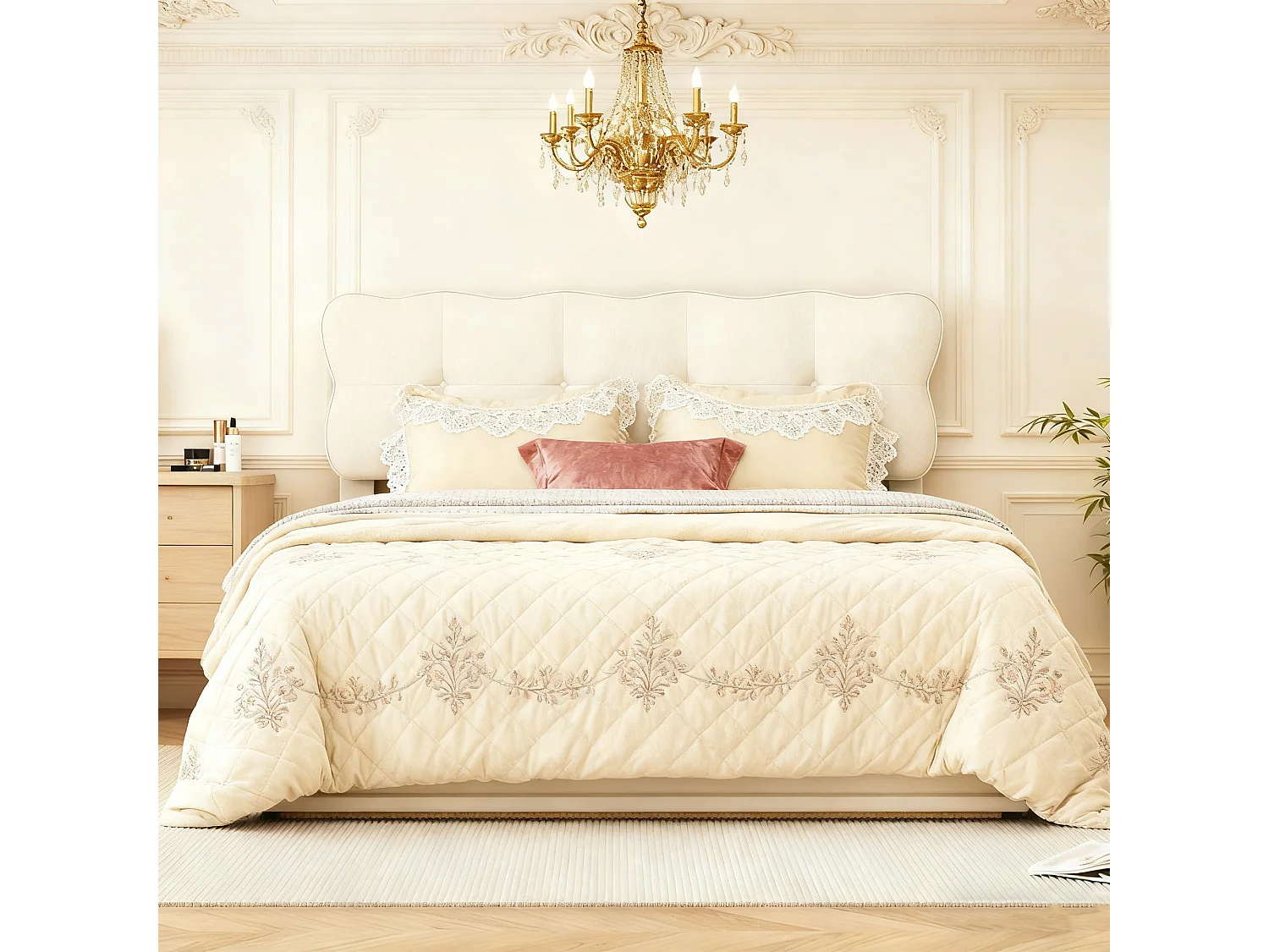 Lit coffre 160x200 avec sommier à lattes - lit double 160x200 avec LED - cadre de lit 160x200 cm - tissu en velours - crème