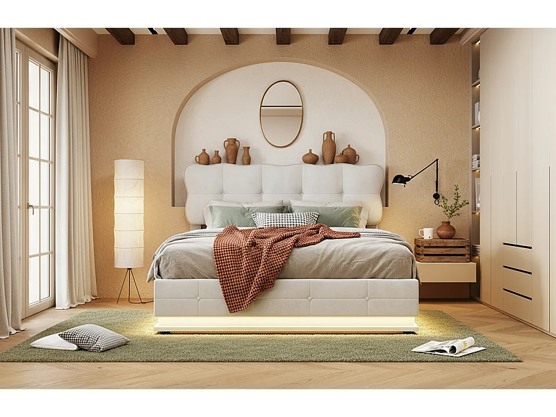 Lit coffre 160x200 avec sommier à lattes - lit double 160x200 avec LED - cadre de lit 160x200 cm - tissu en velours - crème