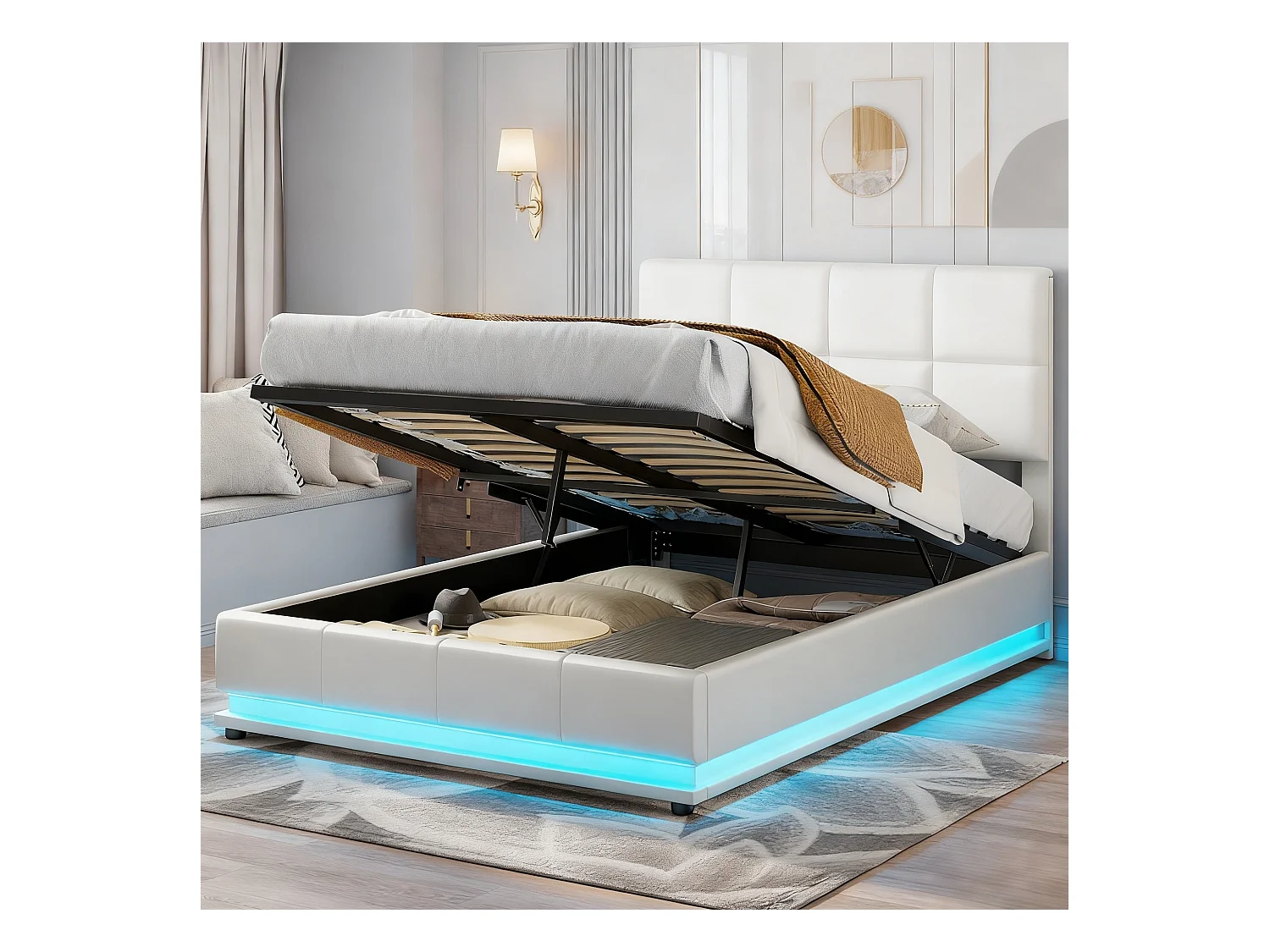 Lit adulte 140x200 cm avec sommier à lattes- NEXU - LED - lit de rangement moderne 140x200 - tissu en pu - cadre de lit coffre 140x200 cm - blanc