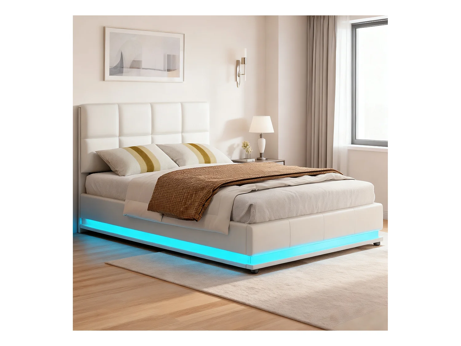 Lit adulte 140x200 cm avec sommier à lattes- NEXU - LED - lit de rangement moderne 140x200 - tissu en pu - cadre de lit coffre 140x200 cm - blanc