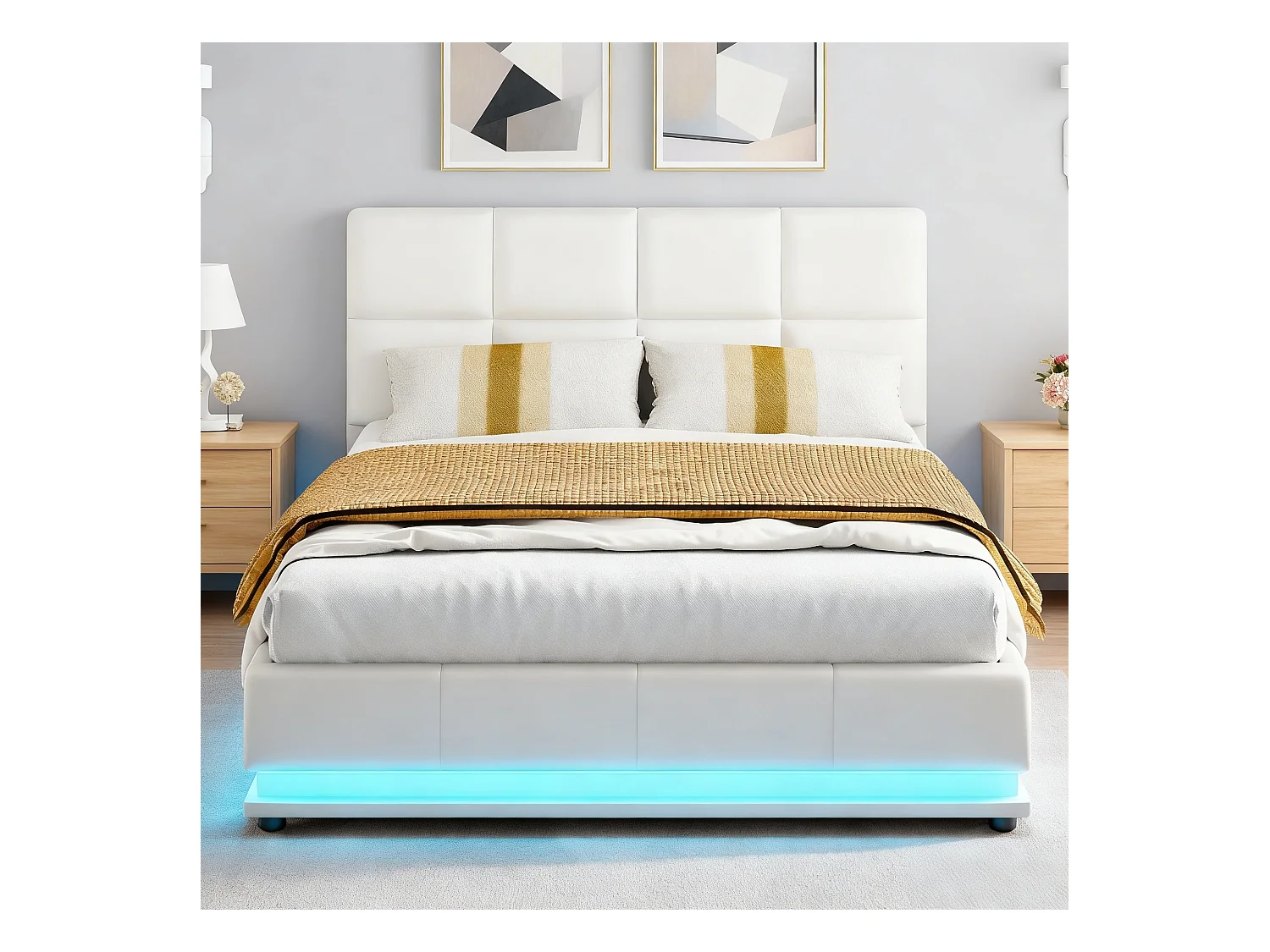 Lit adulte 140x200 cm avec sommier à lattes- NEXU - LED - lit de rangement moderne 140x200 - tissu en pu - cadre de lit coffre 140x200 cm - blanc