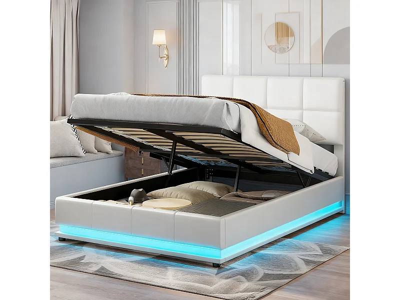 Lit adulte 140x200 cm avec sommier à lattes- NEXU - LED - lit de rangement moderne 140x200 - tissu en pu - cadre de lit coffre 140x200 cm - blanc