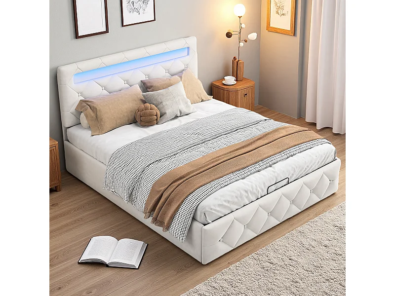 Lit 140x200 cm avec LED et USB - lit adulte 140x200 cm avec coffre - cadre de lit double 140x200 cm avec sommier à lattes - tissu en velours - blanc cassé