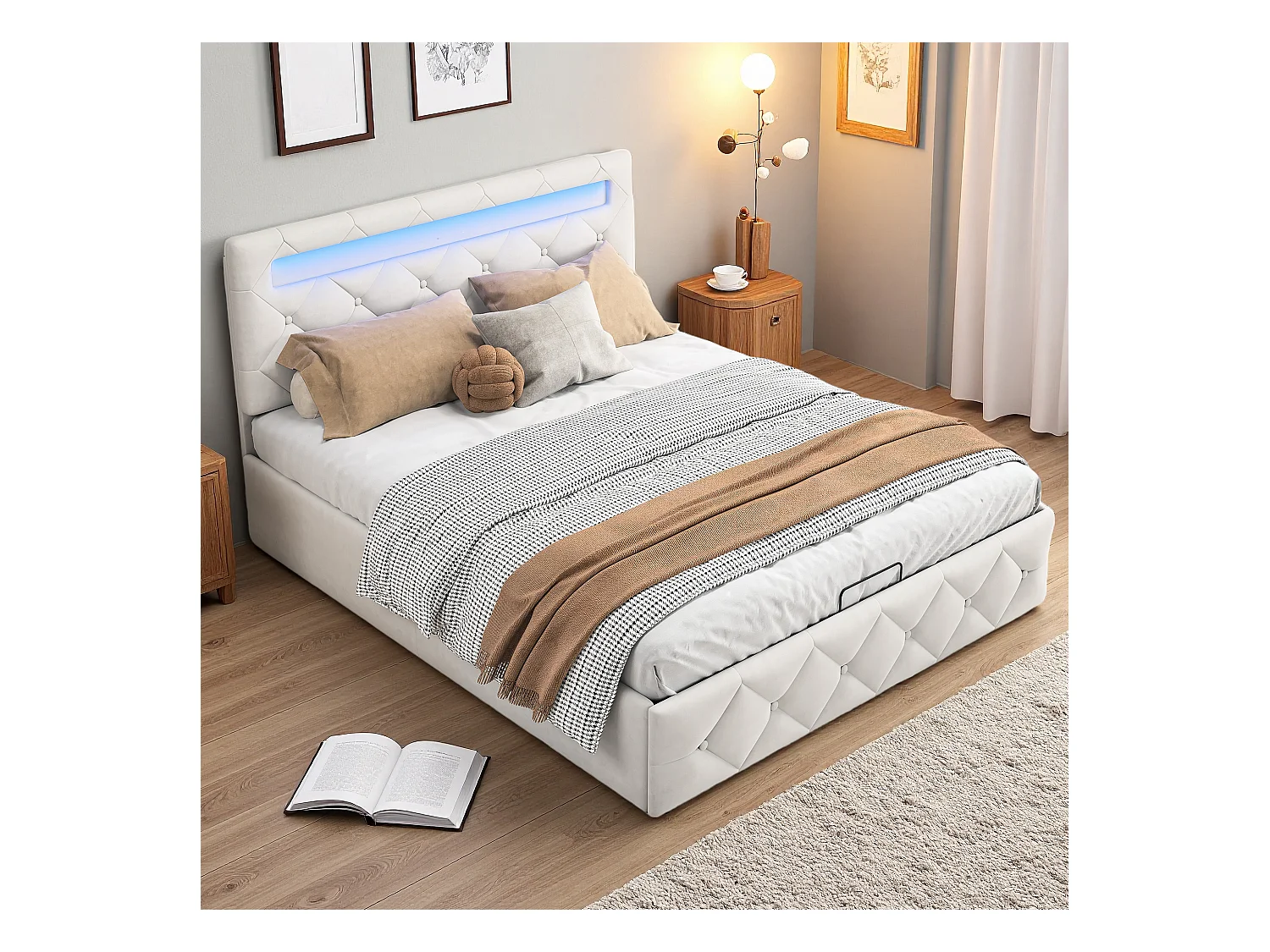 Lit 140x200 cm avec LED et USB - lit adulte 140x200 cm avec coffre - cadre de lit double 140x200 cm avec sommier à lattes - tissu en velours - blanc cassé