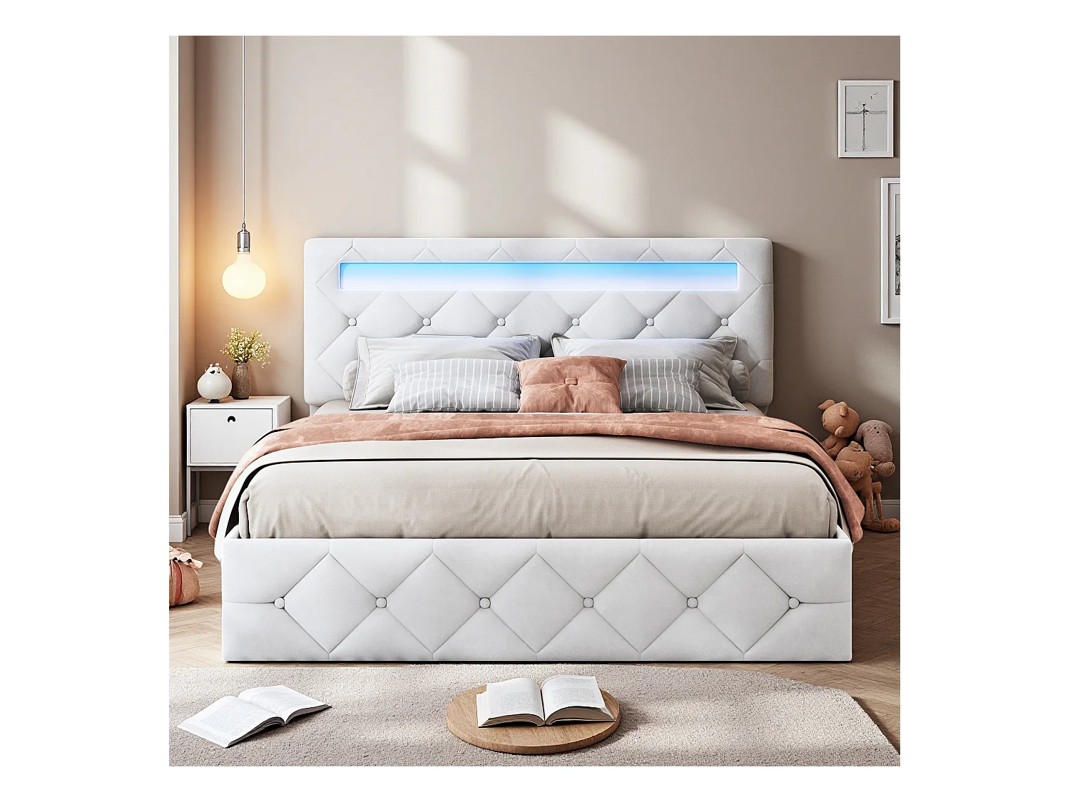 Lit 140x200 cm avec LED et USB - lit adulte 140x200 cm avec coffre - cadre de lit double 140x200 cm avec sommier à lattes - tissu en velours - blanc cassé