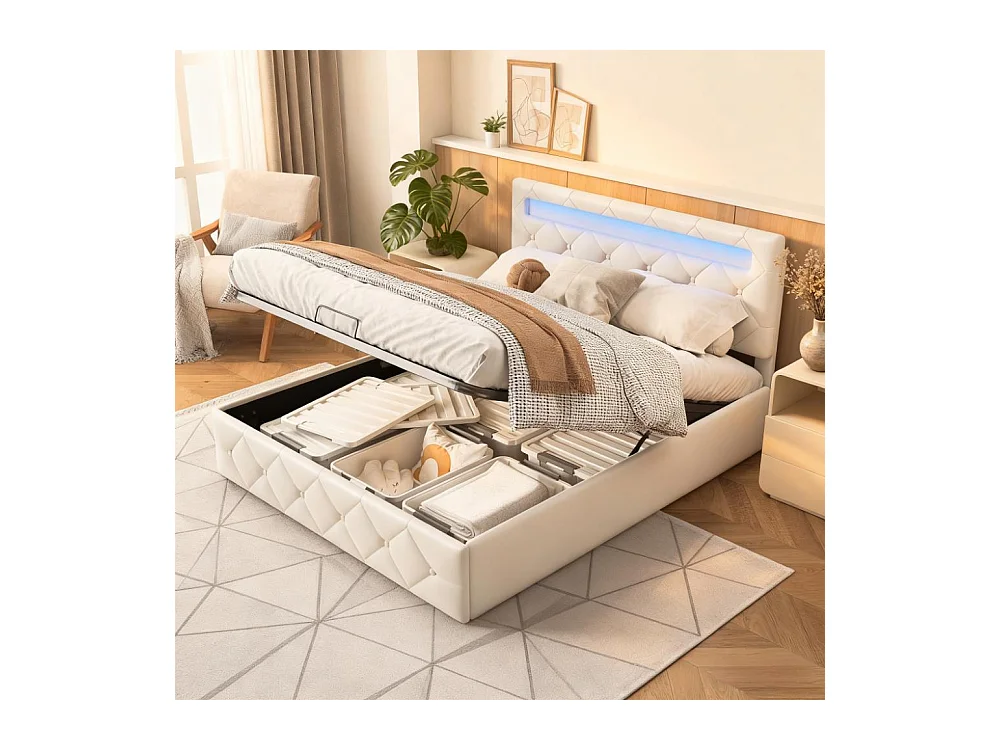 Lit 140x200 cm avec LED et USB - lit adulte 140x200 cm avec coffre - cadre de lit double 140x200 cm avec sommier à lattes - tissu en velours - blanc cassé
