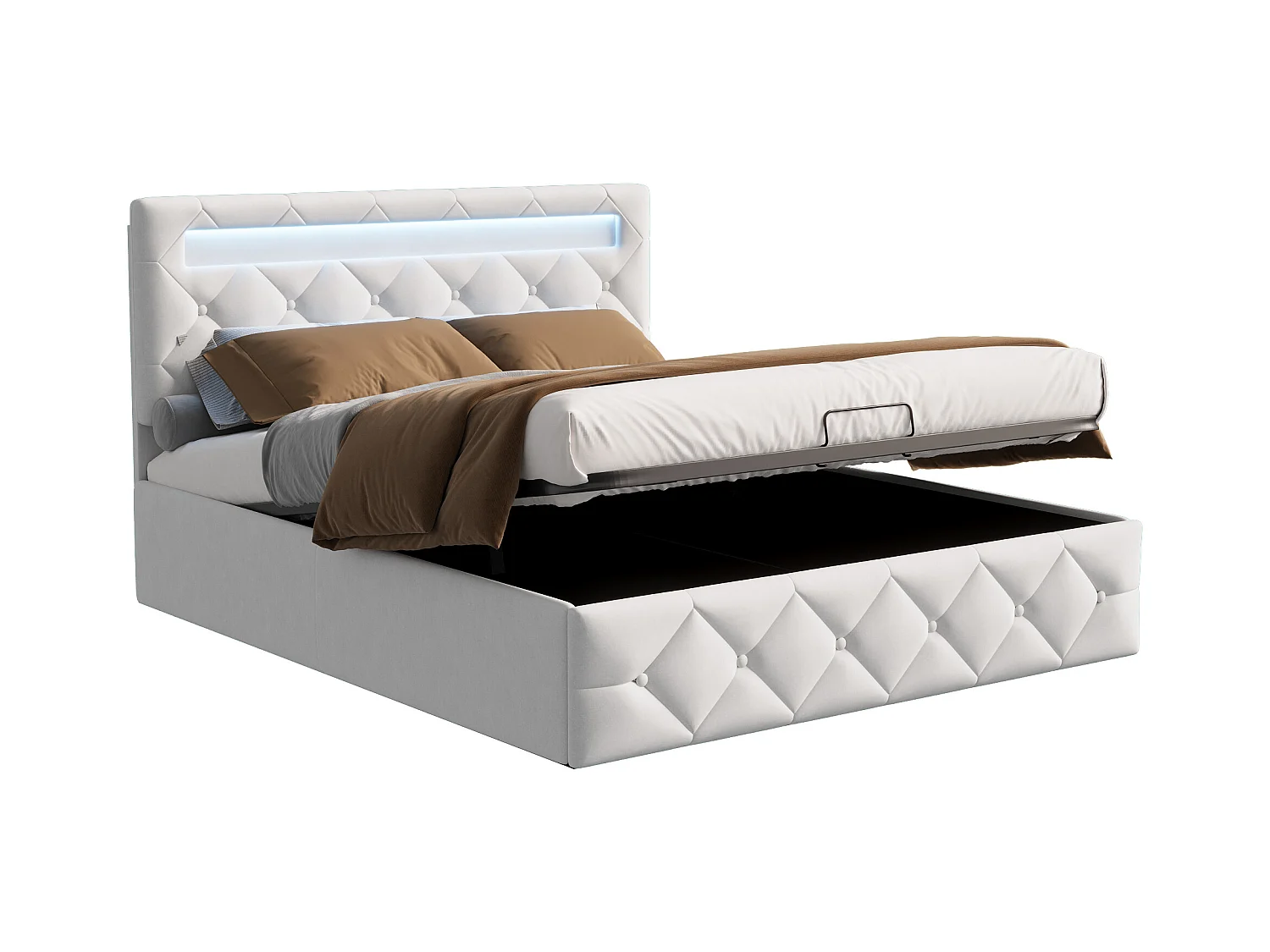 Lit 140x200 cm avec LED et USB - lit adulte 140x200 cm avec coffre - cadre de lit double 140x200 cm avec sommier à lattes - tissu en velours - blanc cassé