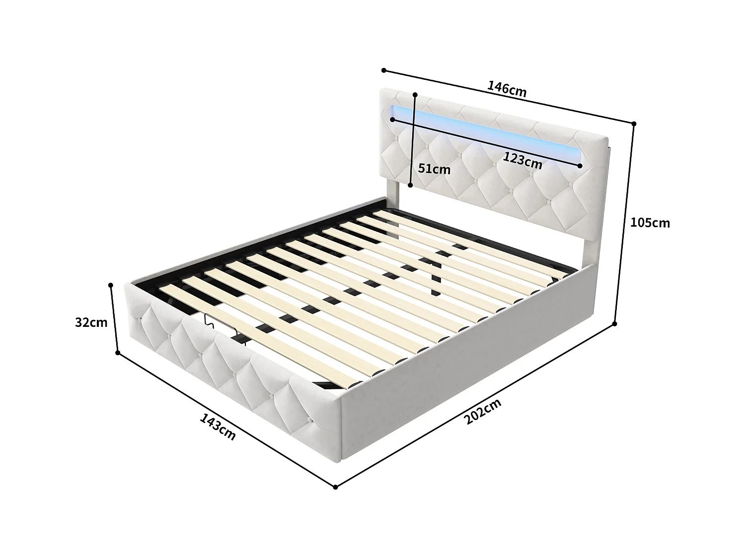 Lit 140x200 cm avec LED et USB - lit adulte 140x200 cm avec coffre - cadre de lit double 140x200 cm avec sommier à lattes - tissu en velours - blanc cassé