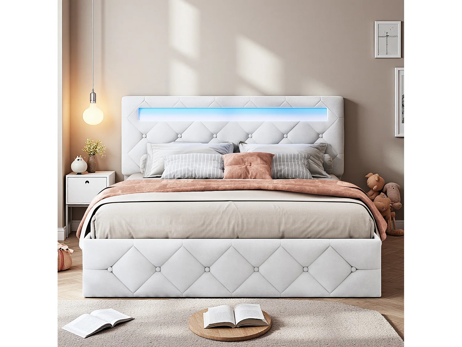 Lit adulte 140x200 cm coffre  rangement soldes - cadre de lit double 140x200 cm avec sommier à lattes - lit matelassé 140x200 cm tissu en velours - blanc cassé