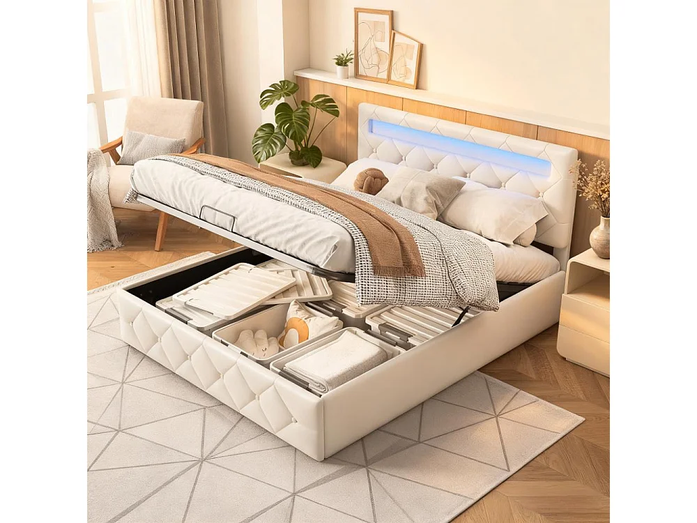 Lit adulte 140x200 cm coffre  rangement soldes - cadre de lit double 140x200 cm avec sommier à lattes - lit matelassé 140x200 cm tissu en velours - blanc cassé