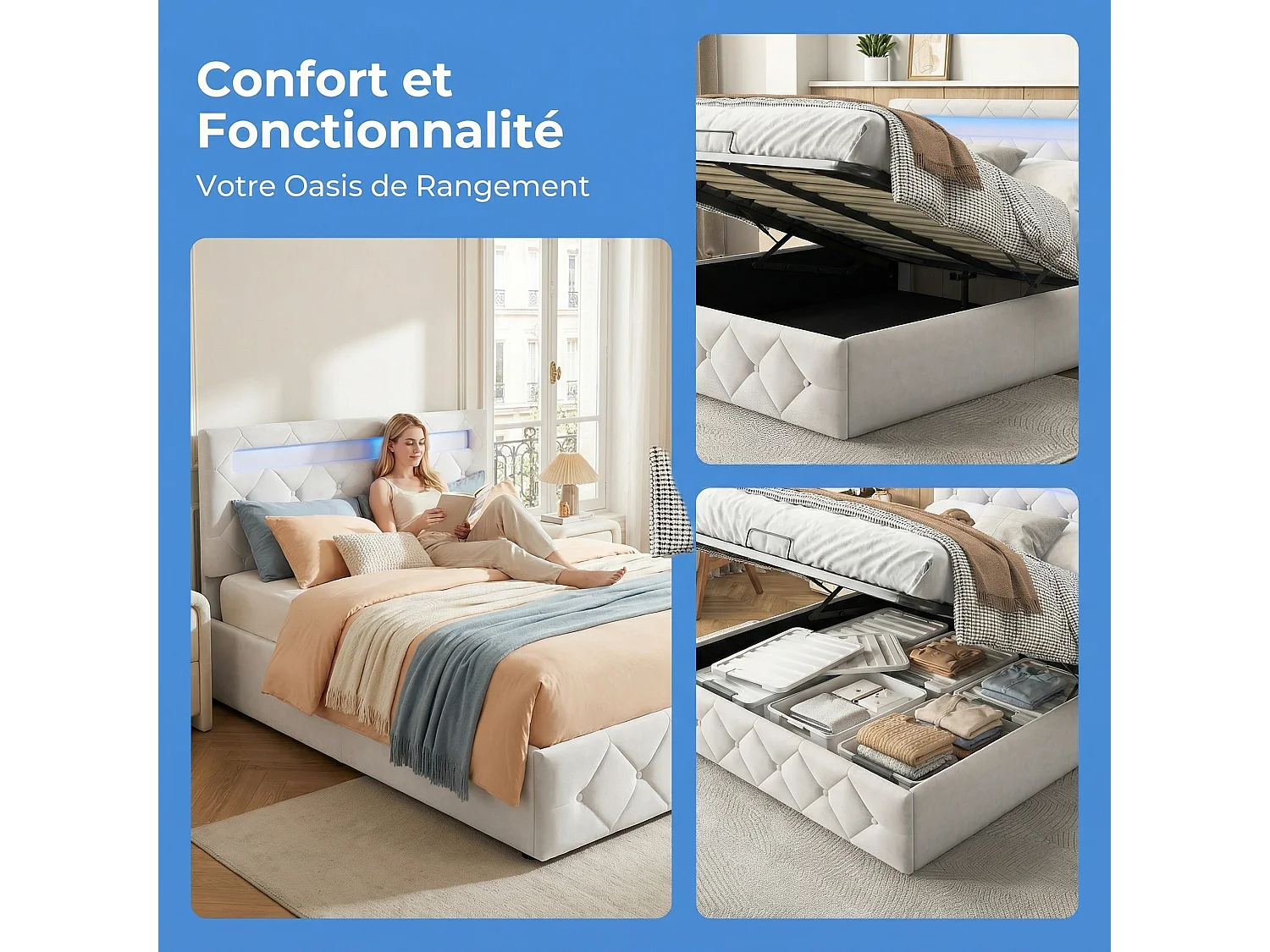 Bed 140x200 cm met LED en USB - volwassen bed 140x200 cm met opbergruimte - tweepersoonsbedframe 140x200 cm met lattenbodem - fluwelen stof - gebroken wit