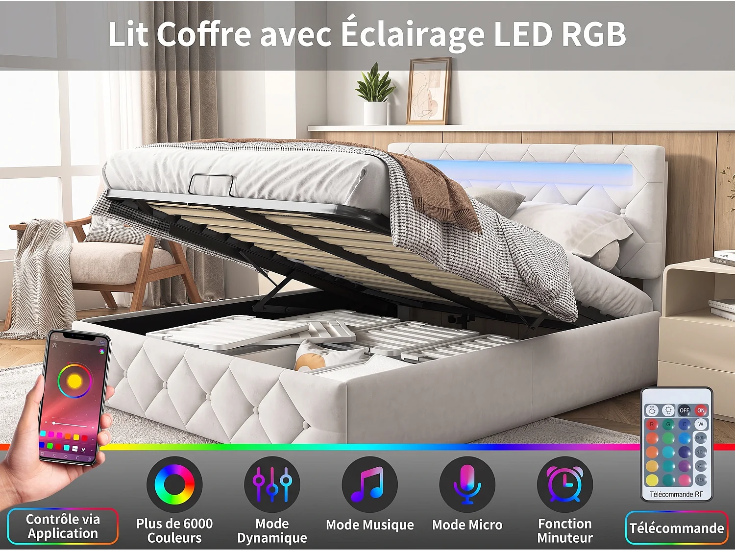 Bed 140x200 cm met LED en USB - volwassen bed 140x200 cm met opbergruimte - tweepersoonsbedframe 140x200 cm met lattenbodem - fluwelen stof - gebroken wit