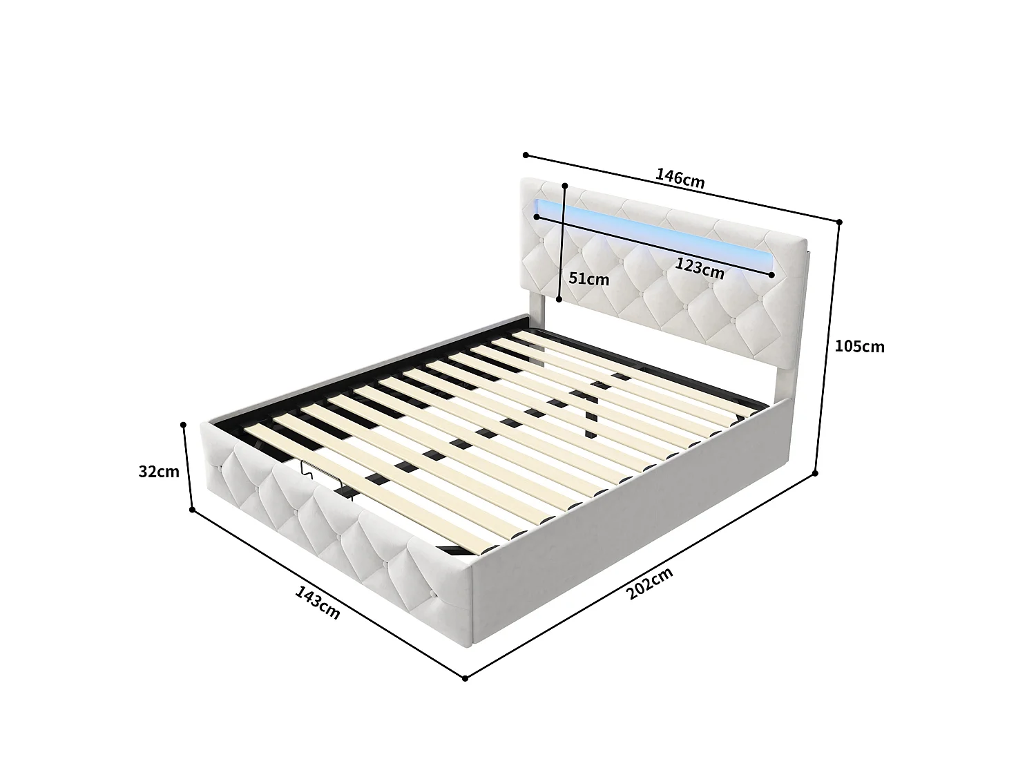 Bed 140x200 cm met LED en USB - volwassen bed 140x200 cm met opbergruimte - tweepersoonsbedframe 140x200 cm met lattenbodem - fluwelen stof - gebroken wit