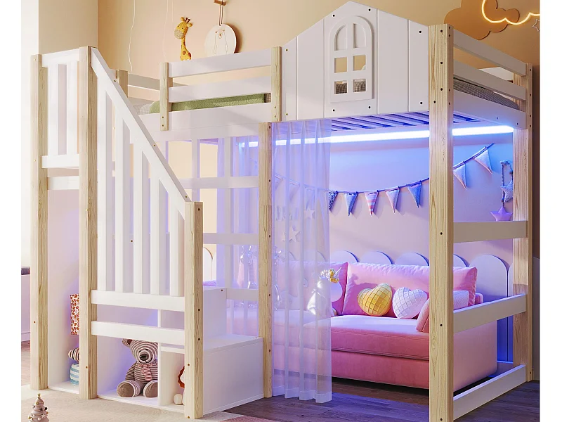Hochbett 140x200 cm - mit LED-Beleuchtung - mit Aufstiegsleiter - mit Staufächern - Weiß + Natur