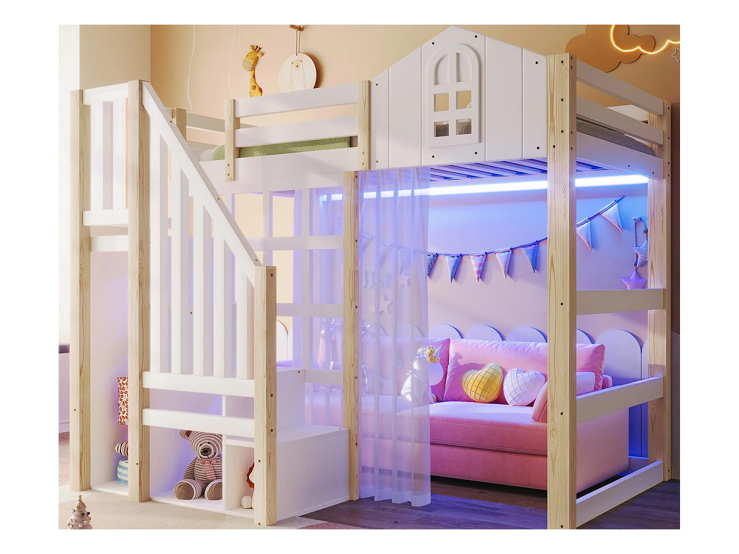 Lit mezzanine 140x200 cm - avec éclairage LED - avec échelle de rangement - avec compartiments de rangement - Blanc + Naturel