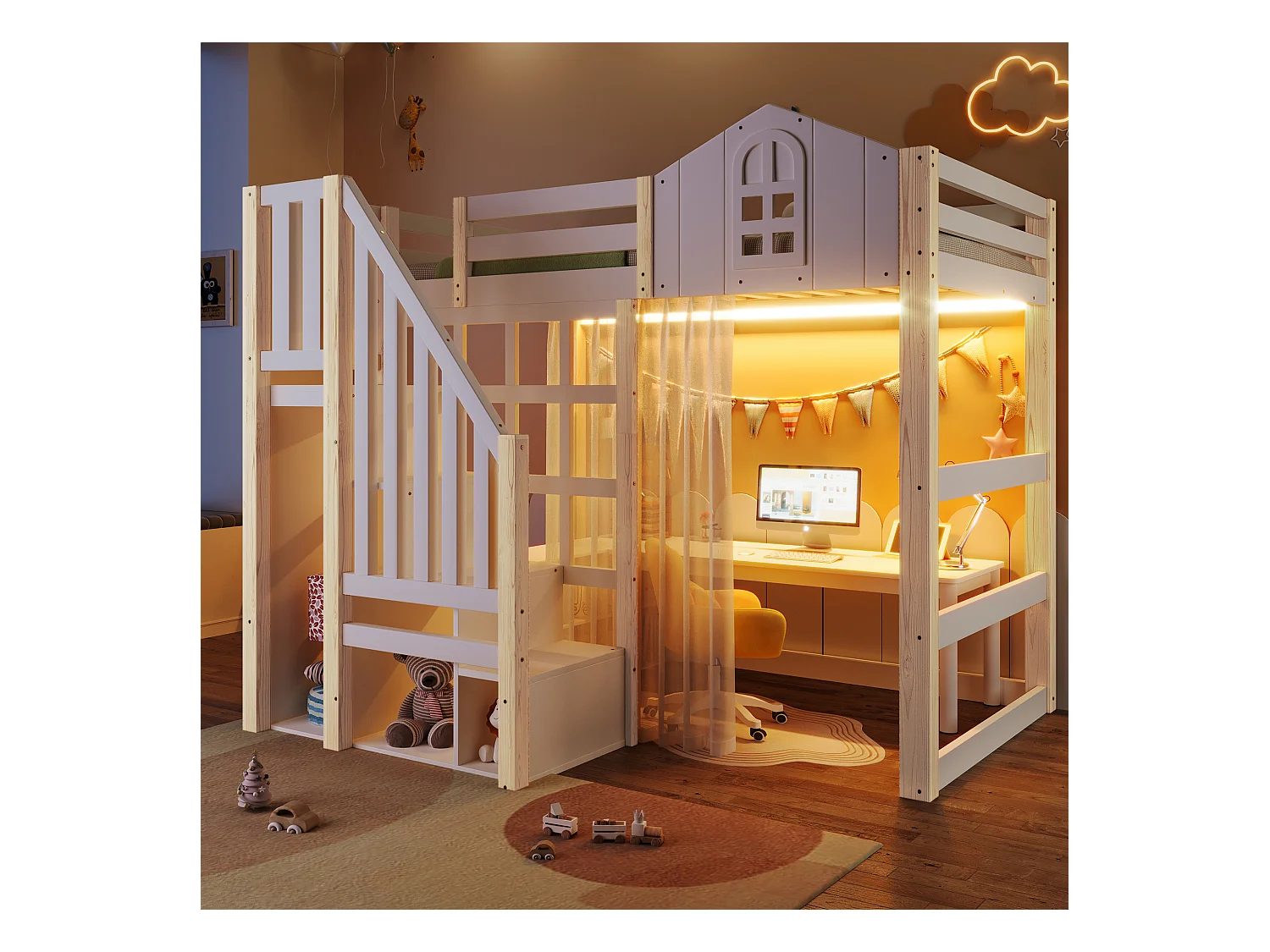 Lit mezzanine 140x200 cm - avec éclairage LED - avec échelle de rangement - avec compartiments de rangement - Blanc + Naturel