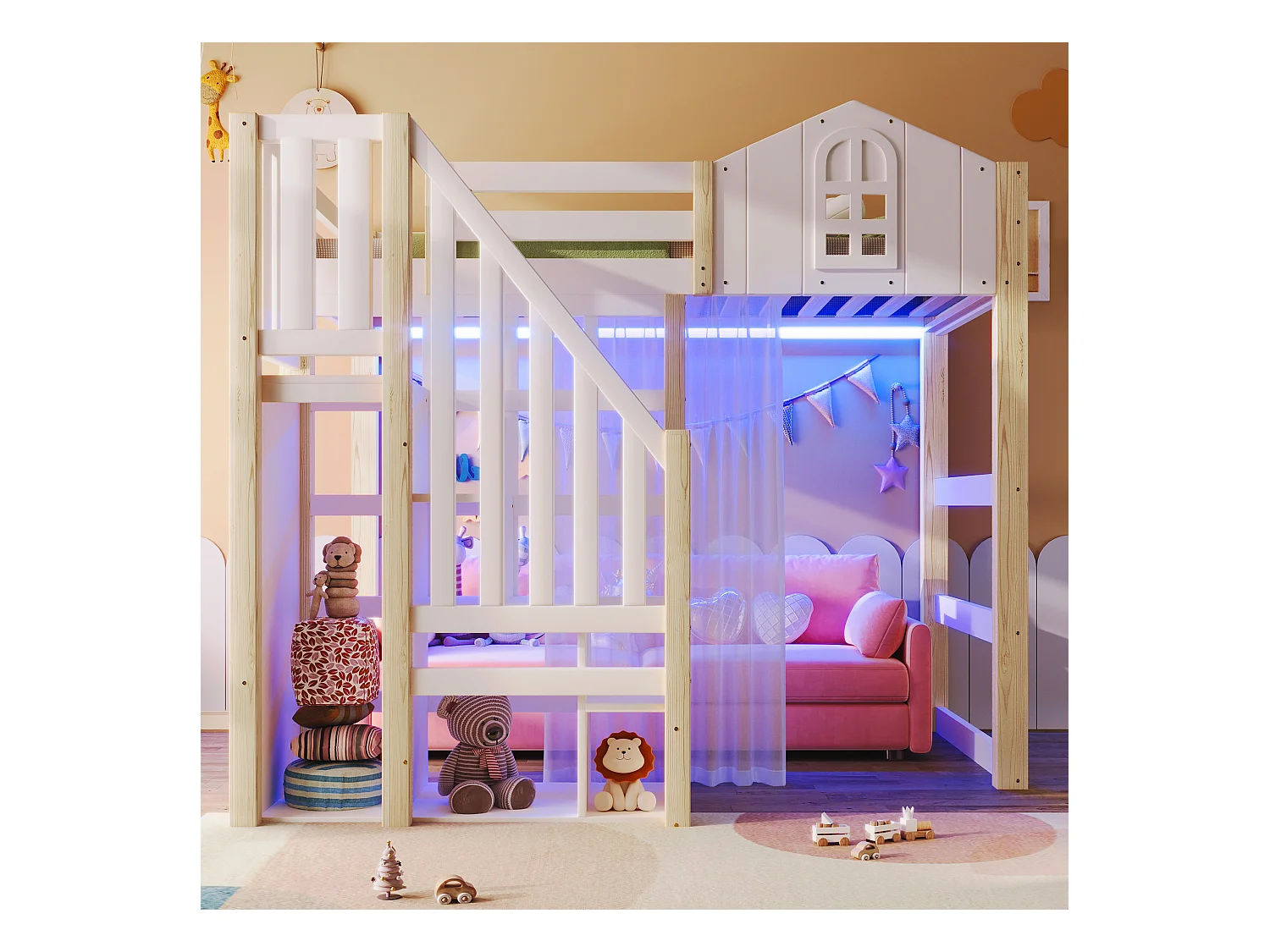 Lit mezzanine 140x200 cm - avec éclairage LED - avec échelle de rangement - avec compartiments de rangement - Blanc + Naturel