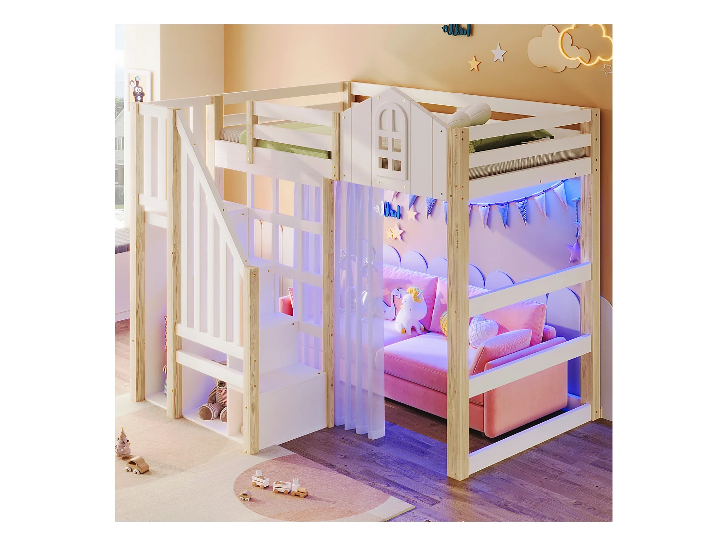 Lit mezzanine 140x200 cm - avec éclairage LED - avec échelle de rangement - avec compartiments de rangement - Blanc + Naturel