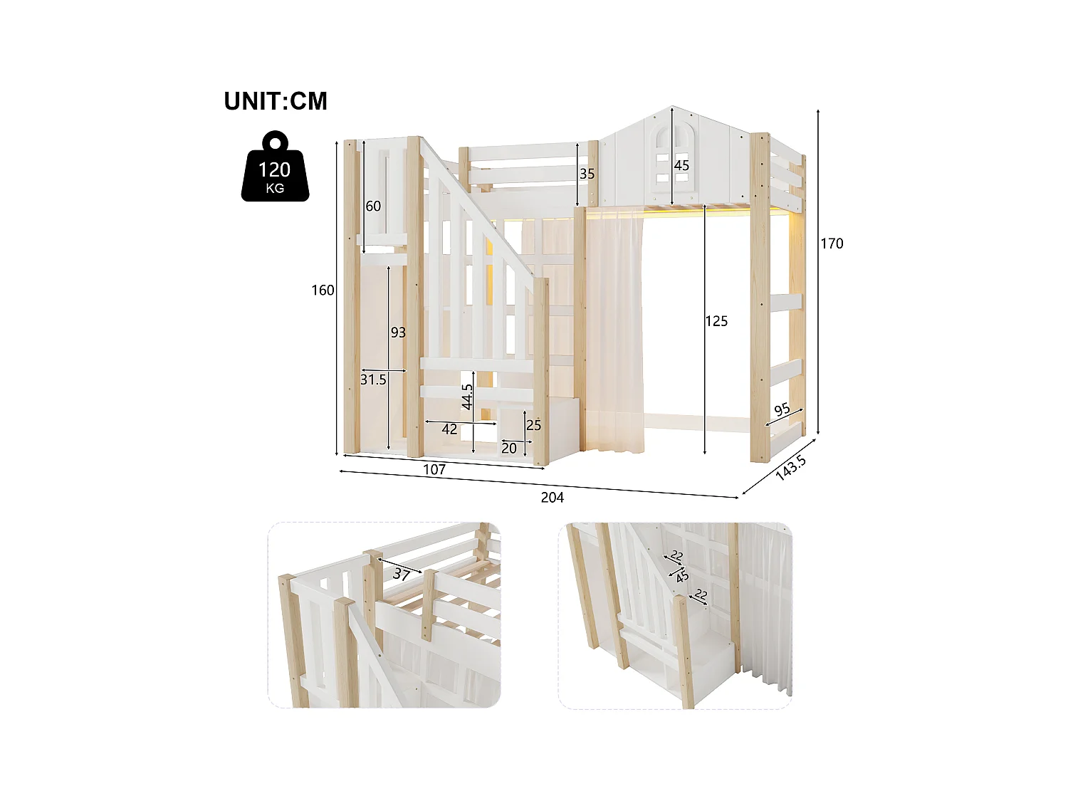 Lit mezzanine 140x200 cm - avec éclairage LED - avec échelle de rangement - avec compartiments de rangement - Blanc + Naturel