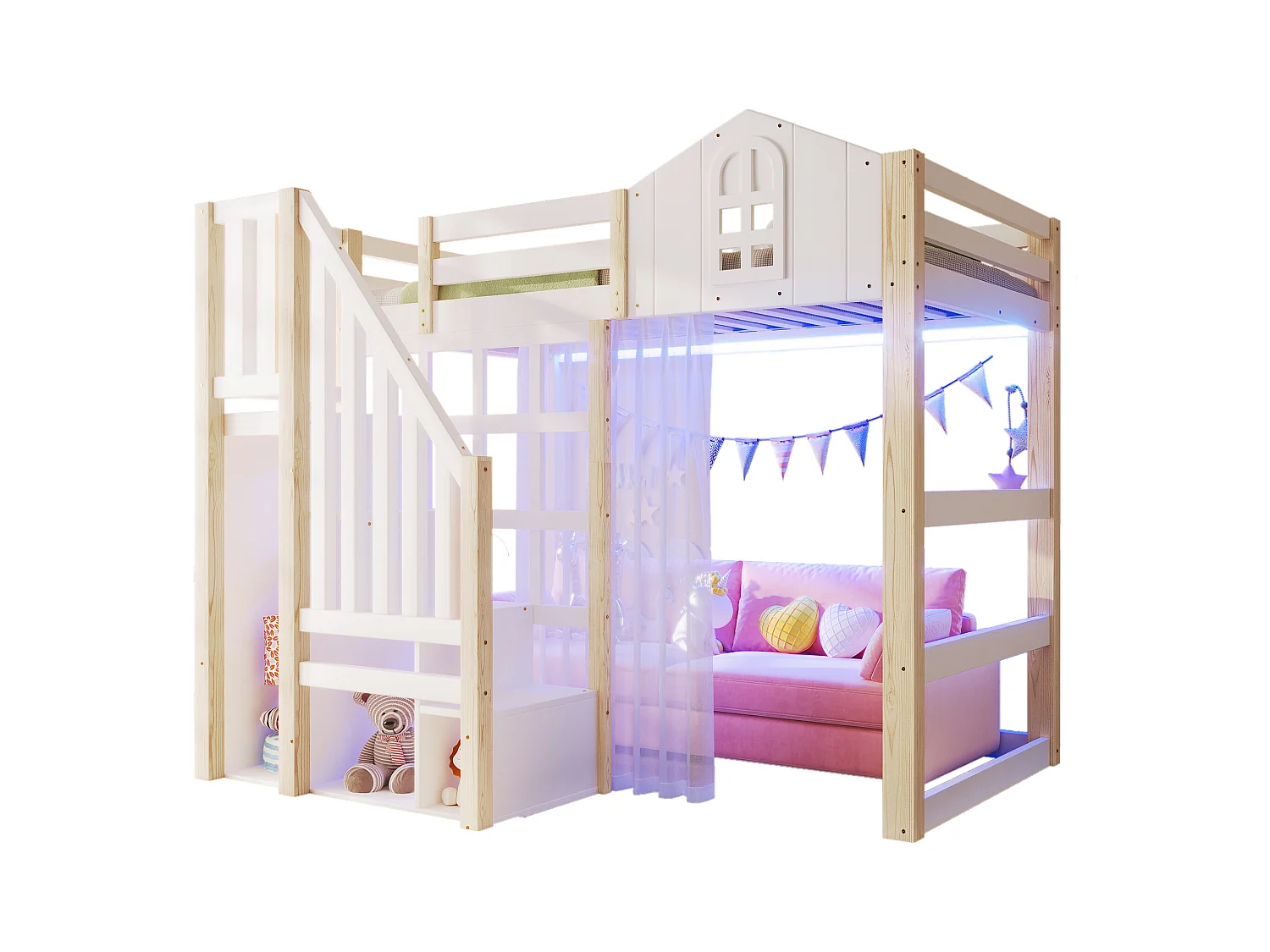 Lit mezzanine 140x200 cm - avec éclairage LED - avec échelle de rangement - avec compartiments de rangement - Blanc + Naturel