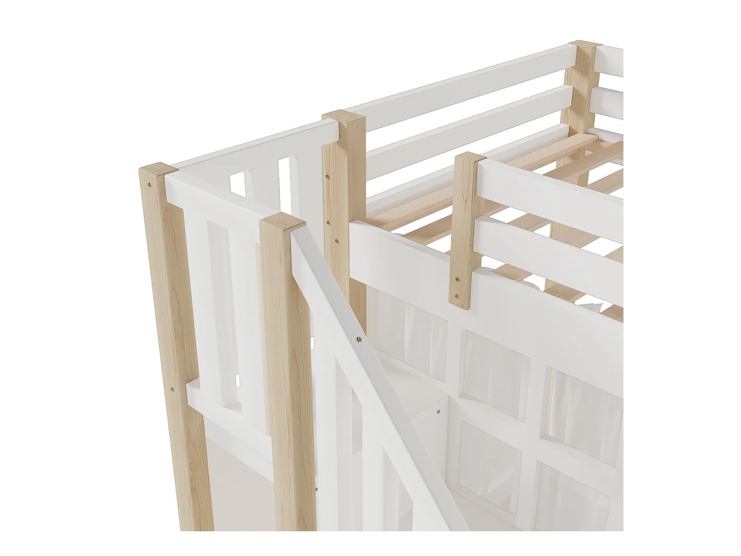 Lit mezzanine 140x200 cm - avec éclairage LED - avec échelle de rangement - avec compartiments de rangement - Blanc + Naturel