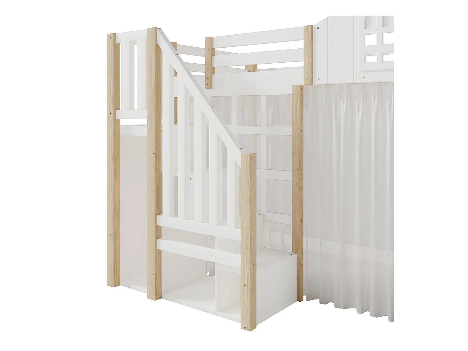 Lit mezzanine 140x200 cm - avec éclairage LED - avec échelle de rangement - avec compartiments de rangement - Blanc + Naturel