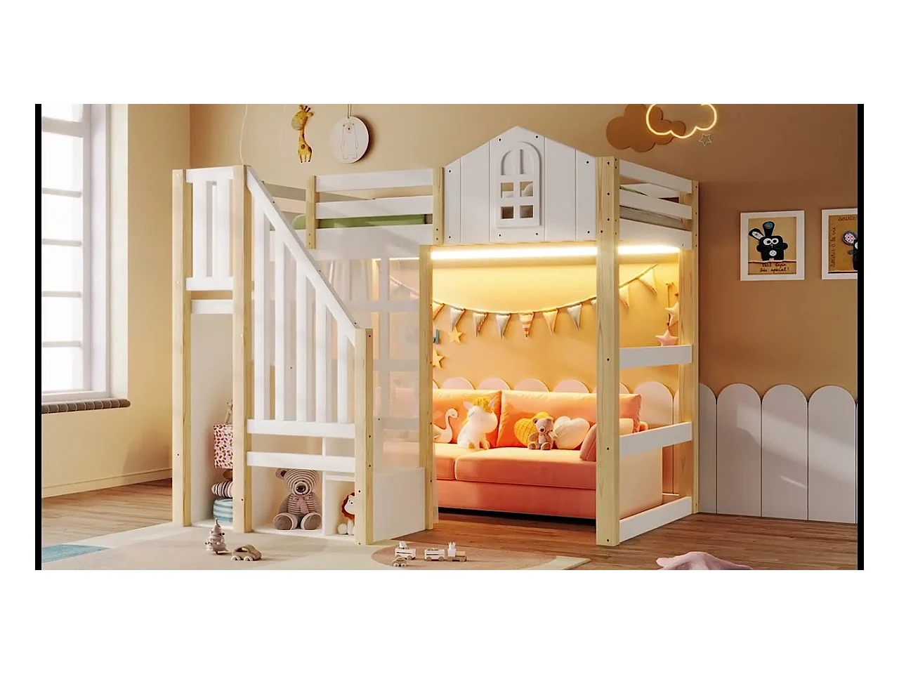 Lit mezzanine 140x200 cm - avec éclairage LED - avec échelle de rangement - avec compartiments de rangement - Blanc + Naturel