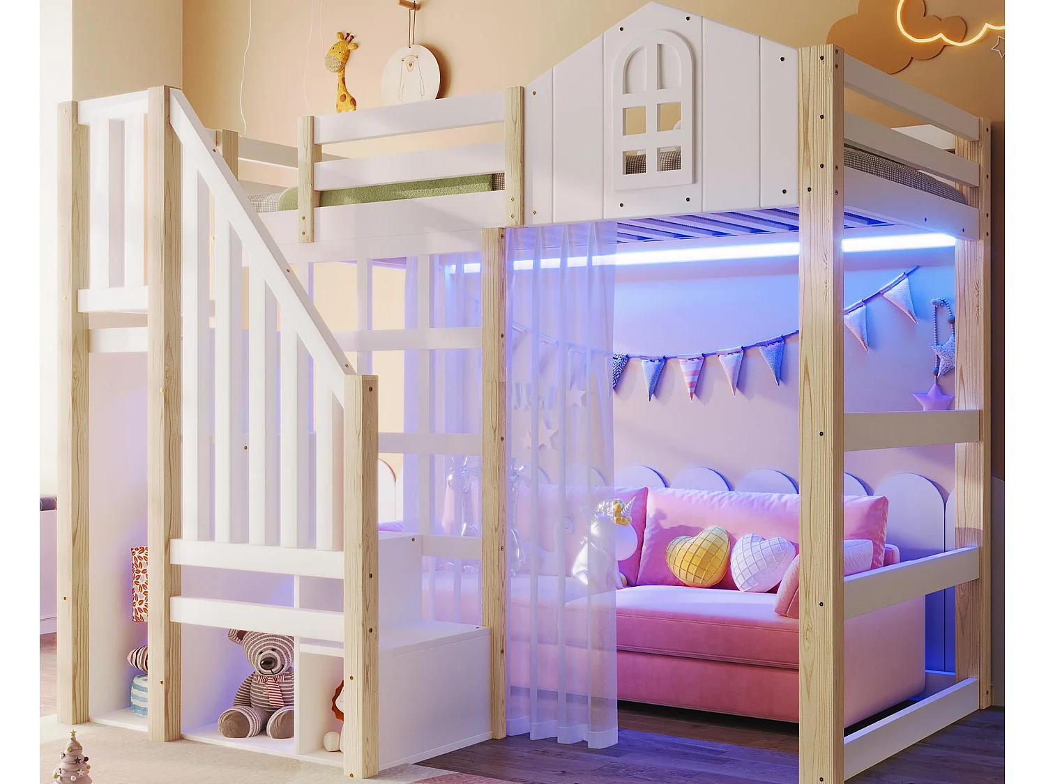 Lit mezzanine 140x200 cm - avec éclairage LED - avec échelle de rangement - avec compartiments de rangement - Blanc + Naturel