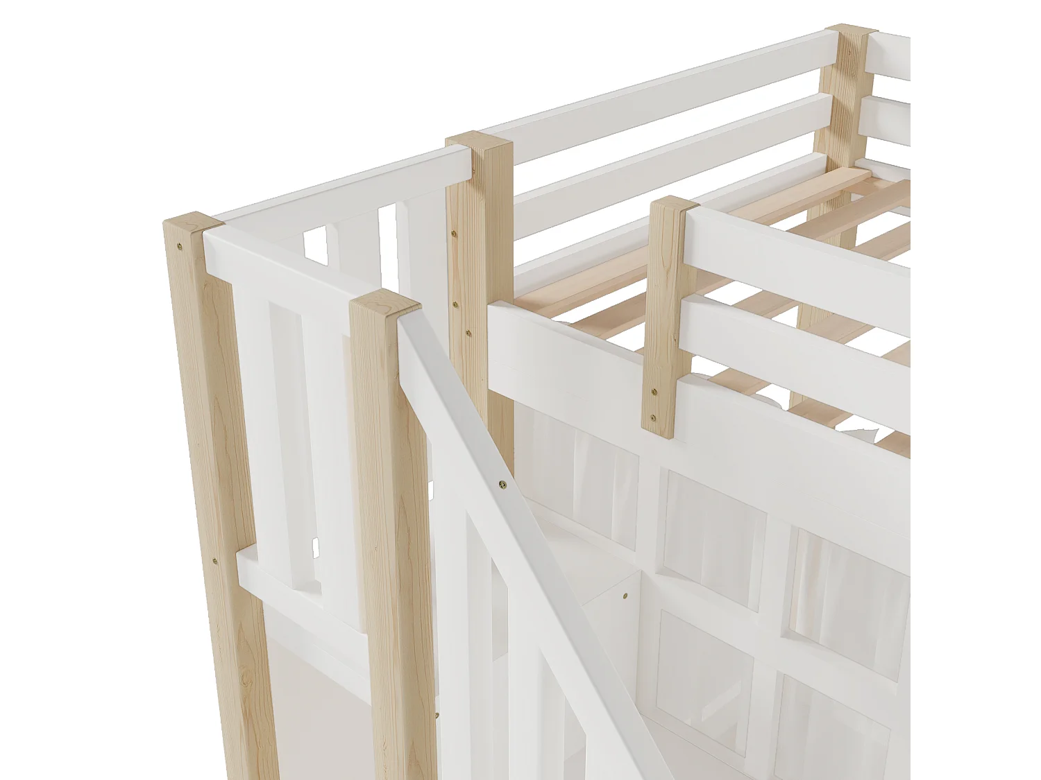 Lit mezzanine 140x200 cm - avec éclairage LED - avec échelle de rangement - avec compartiments de rangement - Blanc + Naturel