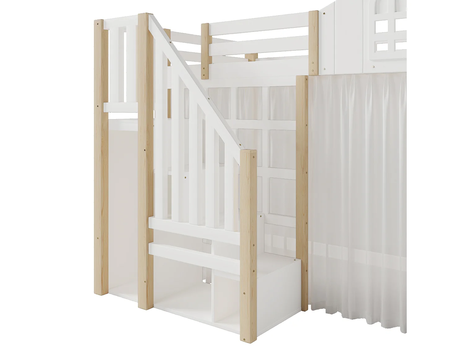 Lit mezzanine 140x200 cm - avec éclairage LED - avec échelle de rangement - avec compartiments de rangement - Blanc + Naturel