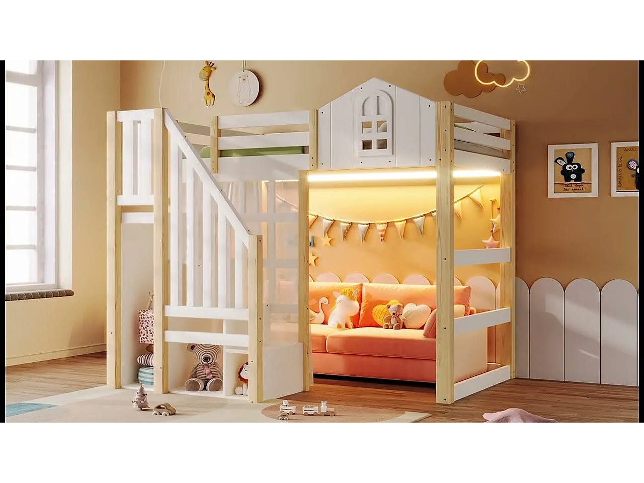 Lit mezzanine 140x200 cm - avec éclairage LED - avec échelle de rangement - avec compartiments de rangement - Blanc + Naturel