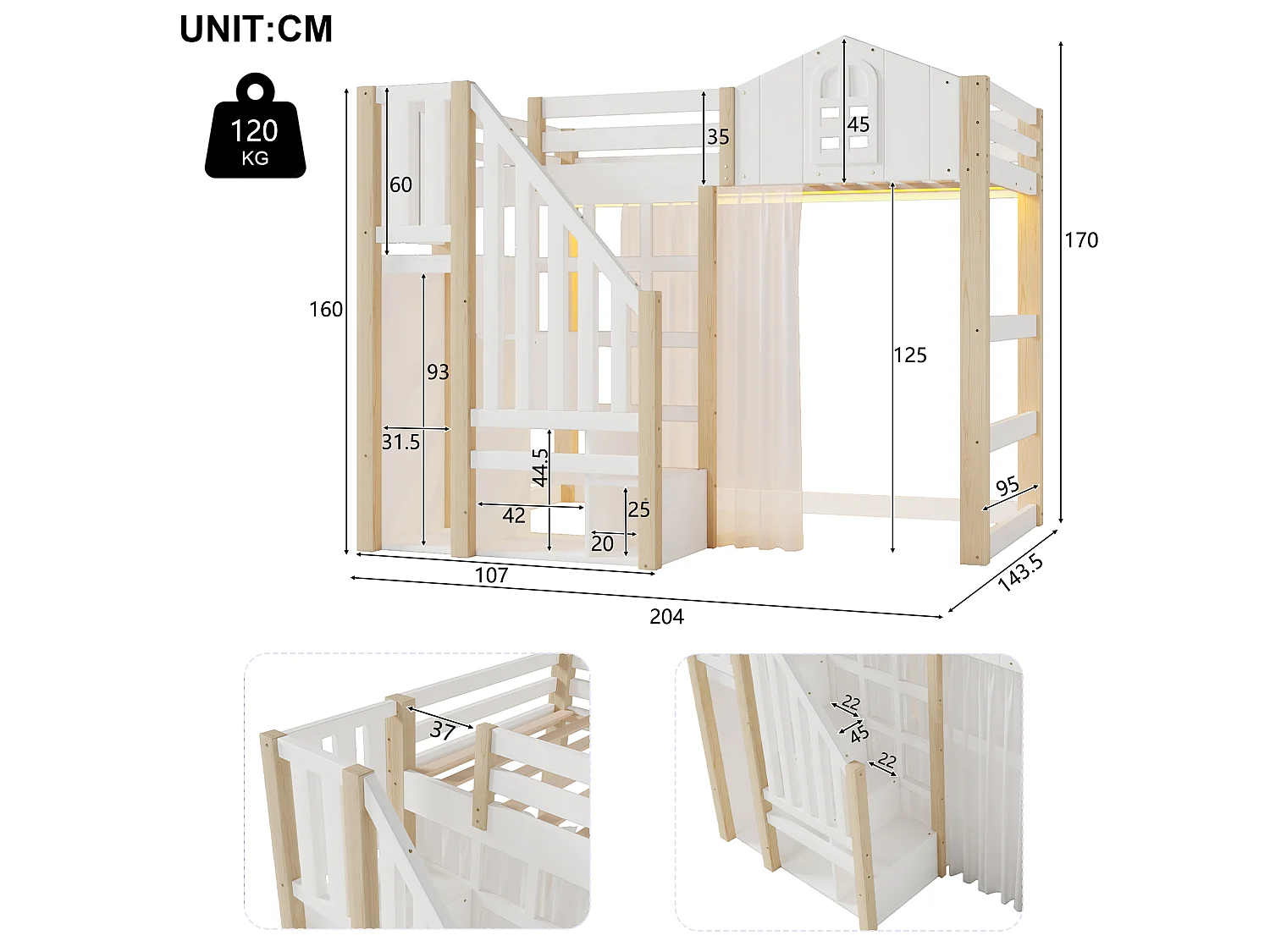 Letto soppalcato 140x200 cm - con illuminazione LED - con scala ripostiglio - con compartimenti di archiviazione - Bianco + Naturale
